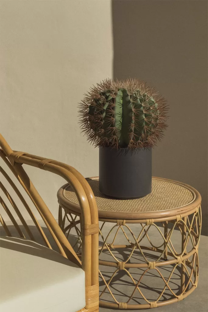 Cacto artificial Ferocactus, conhecido como cacto ouriço ou bola dourada, feito em EVA com espinhos de plástico, perfeito para decorar terraços, proporcionando um toque natural sem manutenção.