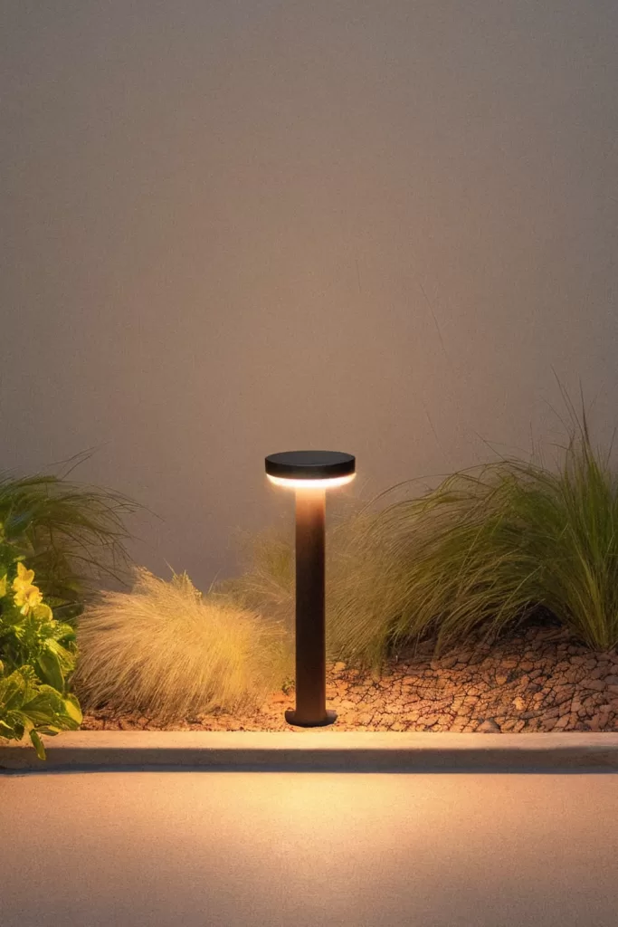 Baliza LED de exterior en acero, iluminando un jardín con luz amarilla