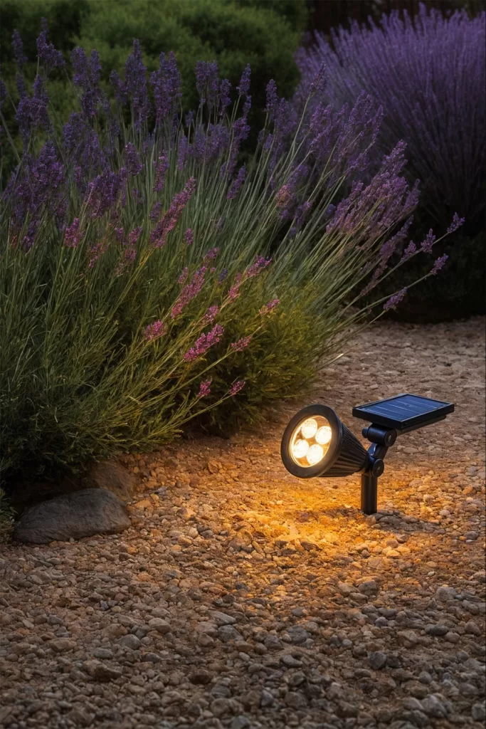 Foco LED solar iluminando un jardín