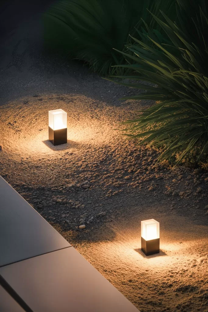 Balizas LED de aluminio para exterior instaladas en un camino de jardín, proporcionando iluminación moderna y eficiente.